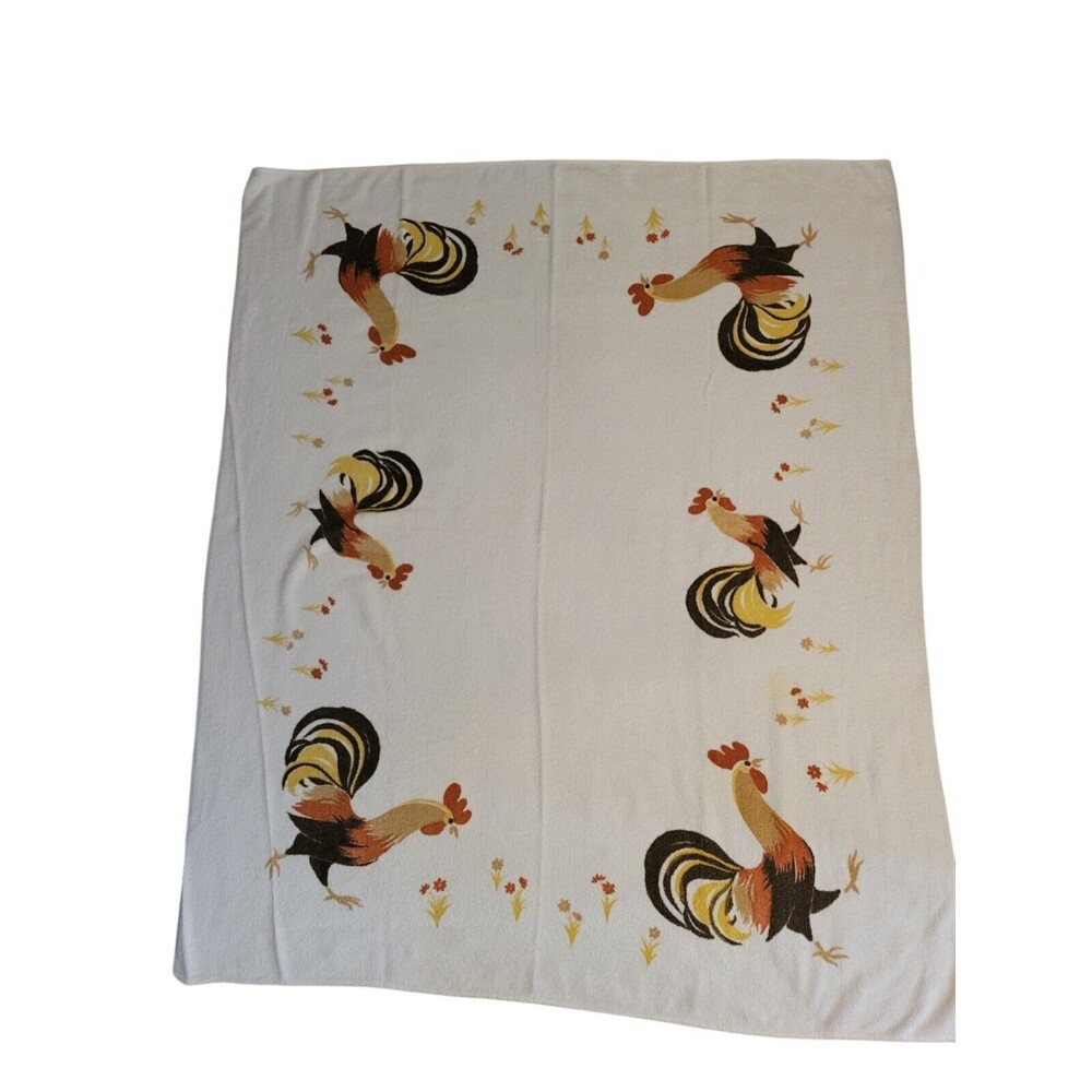 Vintage California Hand Prints Terry Tablecloth Roosters READ